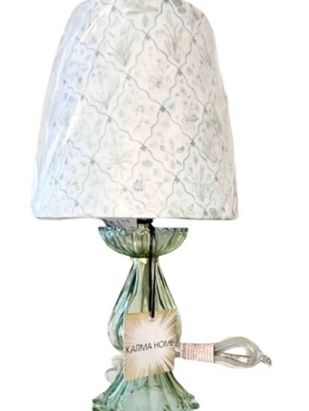 🆕-Soft Green Fluted Glass Table Lamp with Patterned White Shade